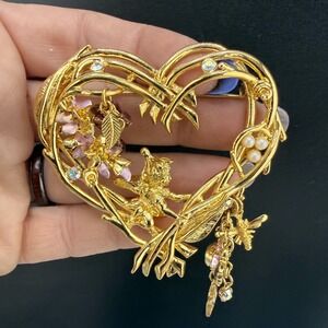 Vintage Kirks Folly Brooch Wisteria Heart Fairy Gold Tone Signed
